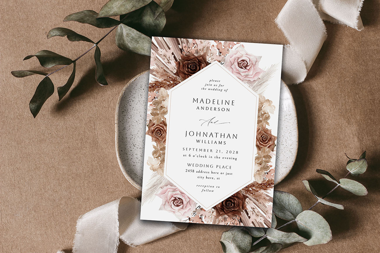Naturals & Pink Boho Floral - Wedding Invitation