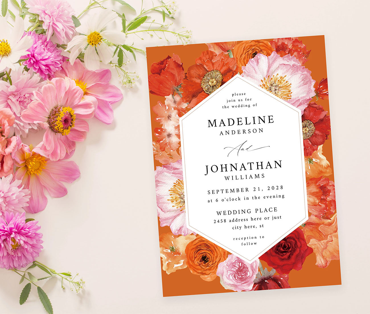 Orange Floral on Orange- Wedding Invitation