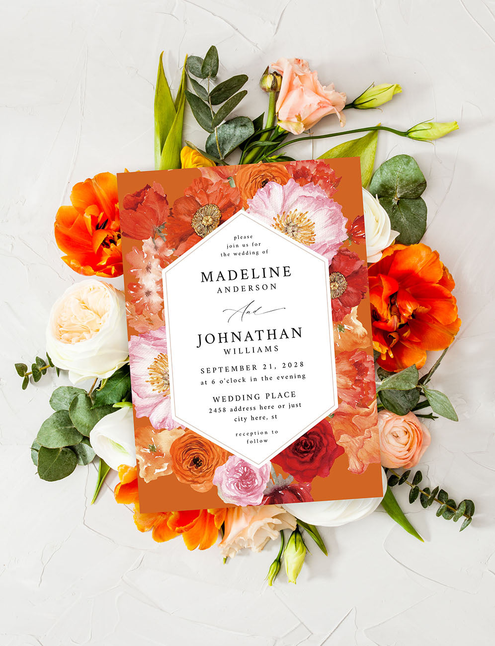 Orange Floral on Orange- Wedding Invitation