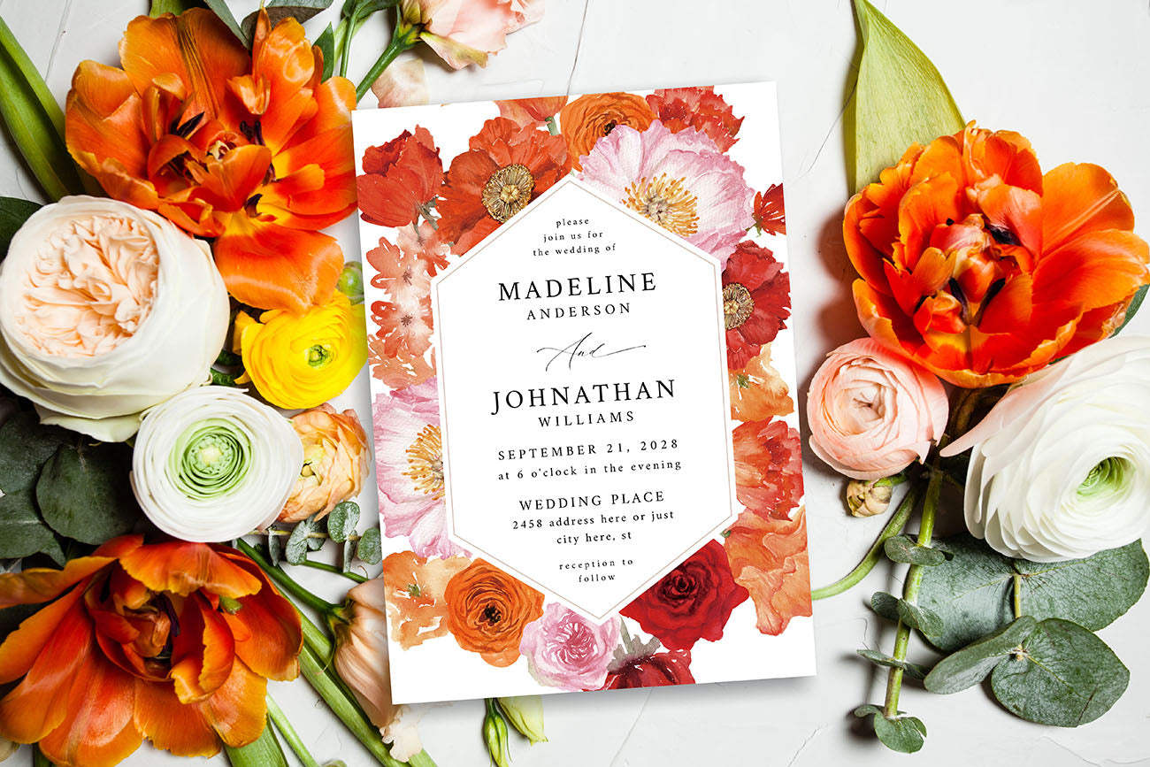 Orange Floral - Wedding Invitation