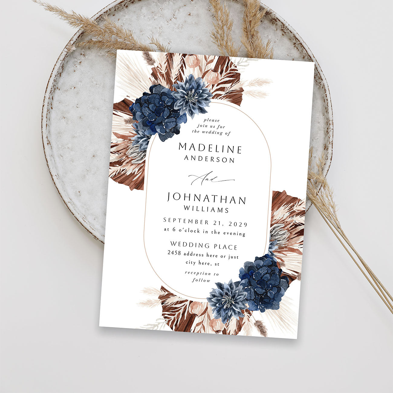 Boho Navy Blue Floral Oval - Wedding Invitation