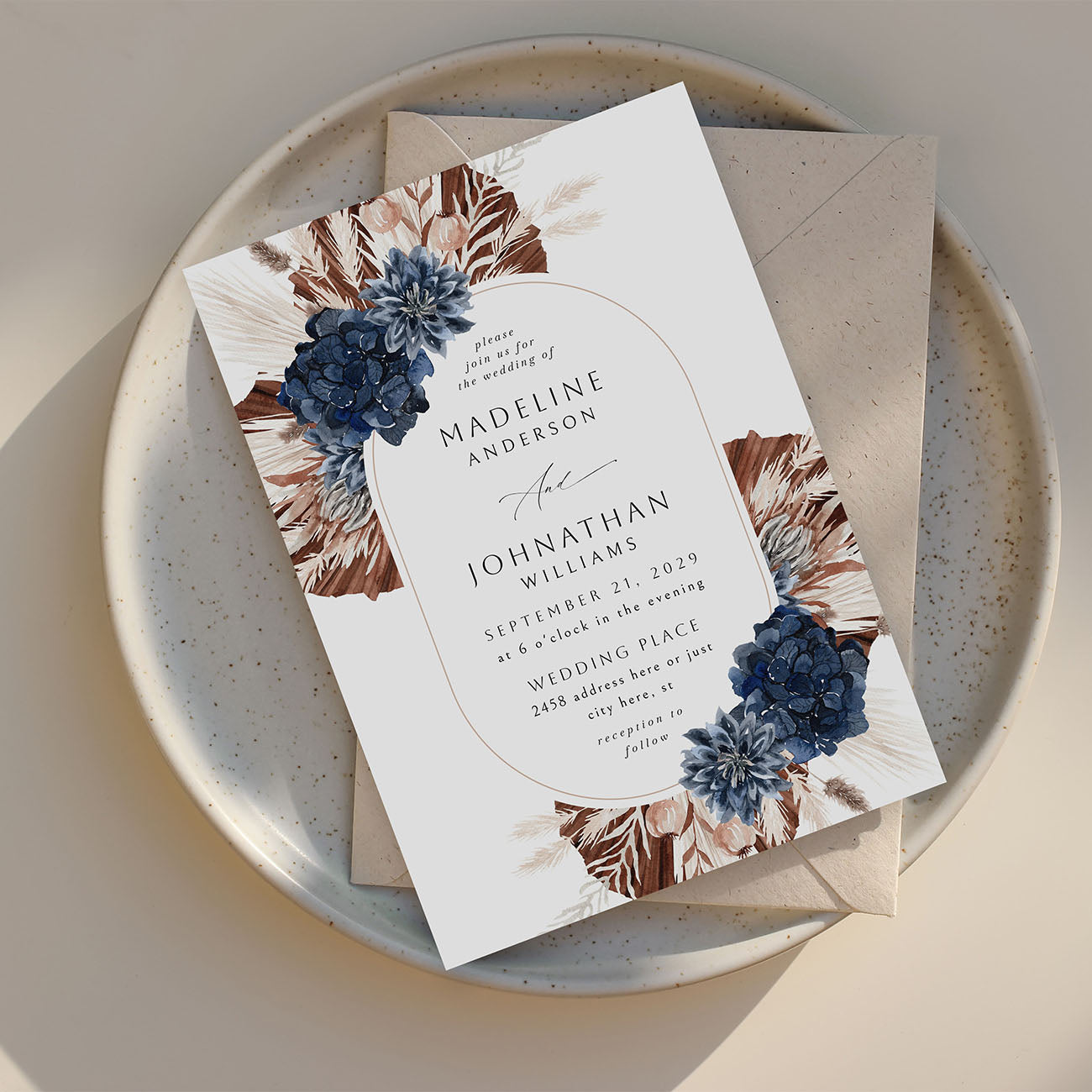 Boho Navy Blue Floral Oval - Wedding Invitation