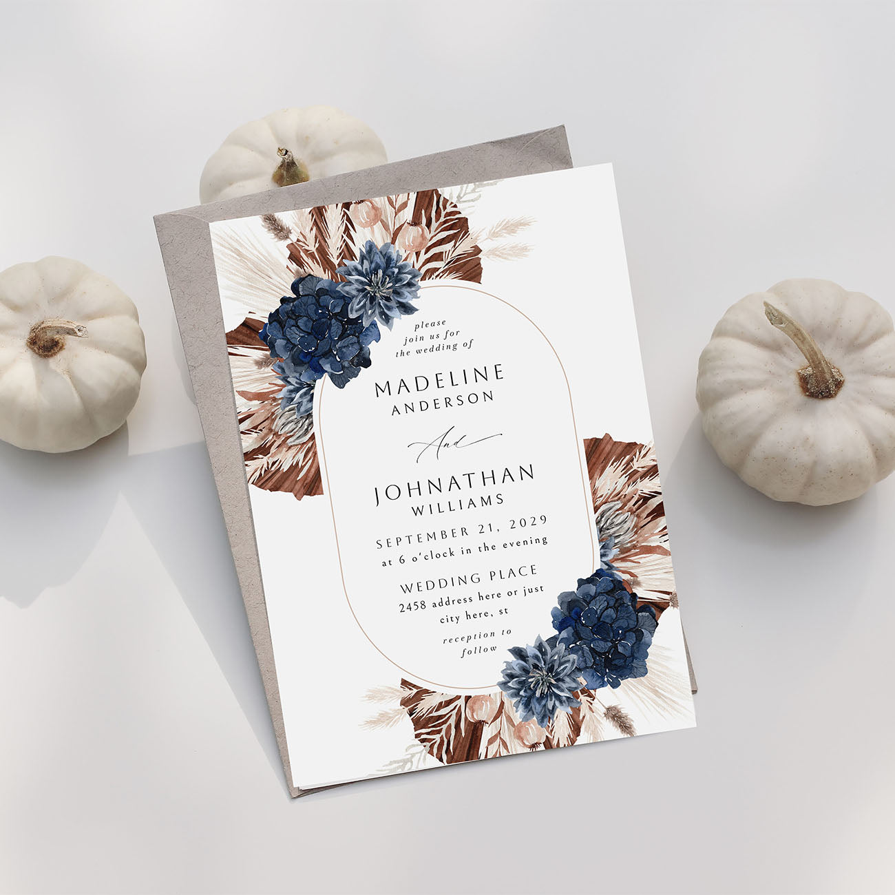 Boho Navy Blue Floral Oval - Wedding Invitation