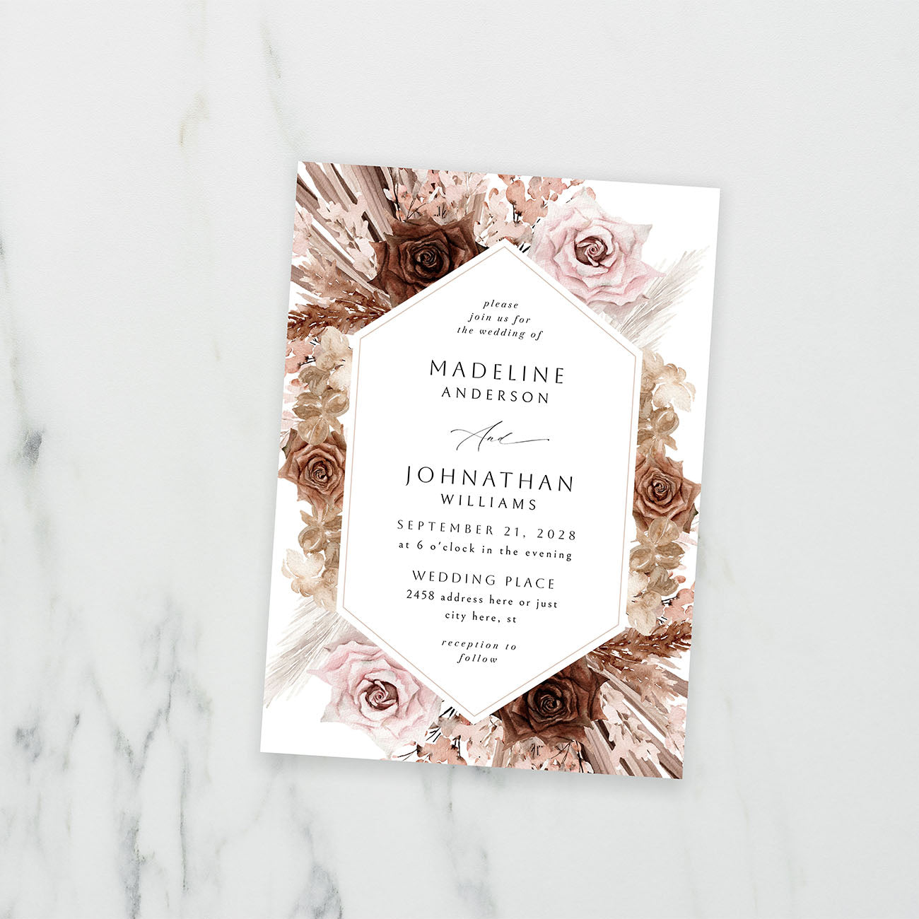 Naturals & Pink Boho Floral - Wedding Invitation