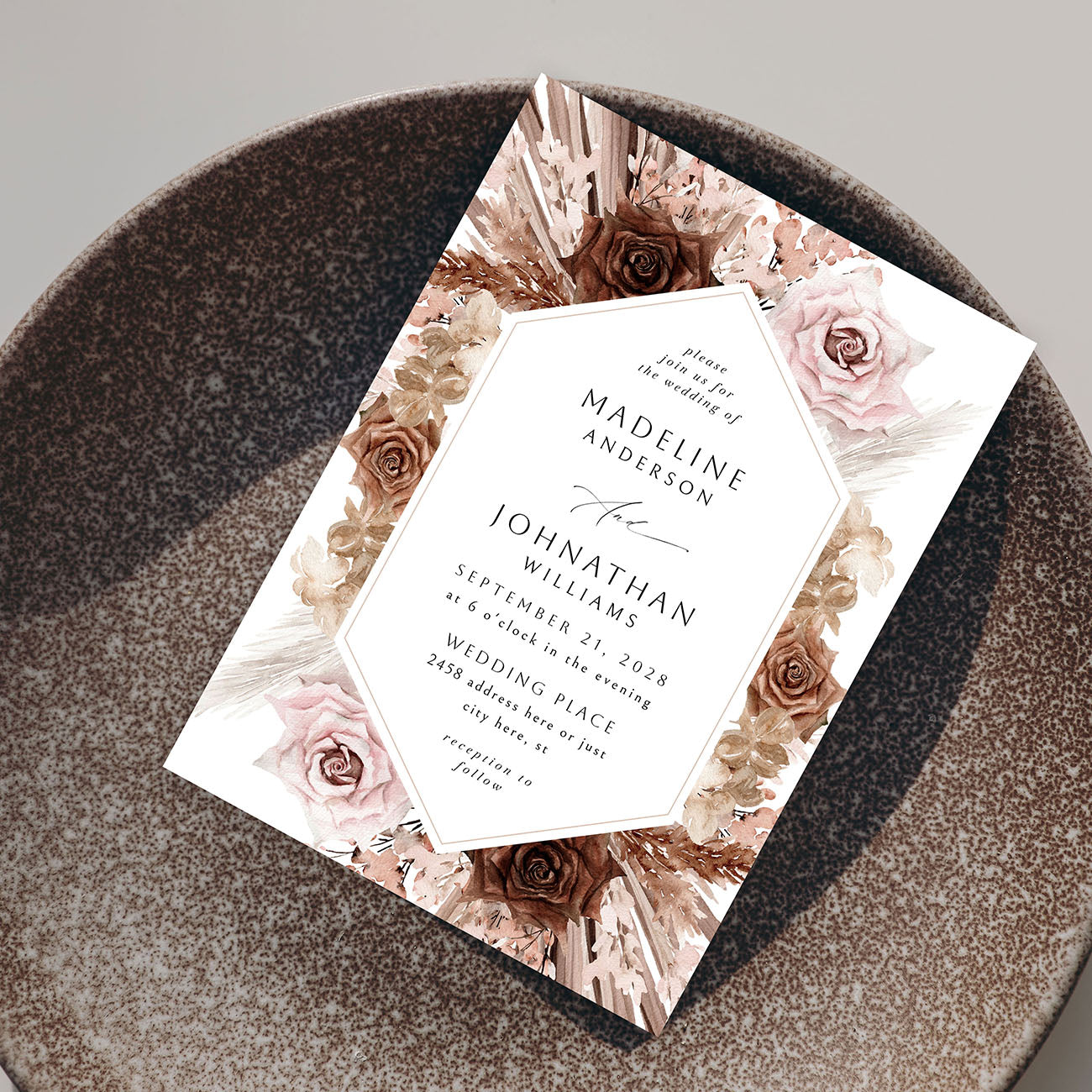 Naturals & Pink Boho Floral - Wedding Invitation