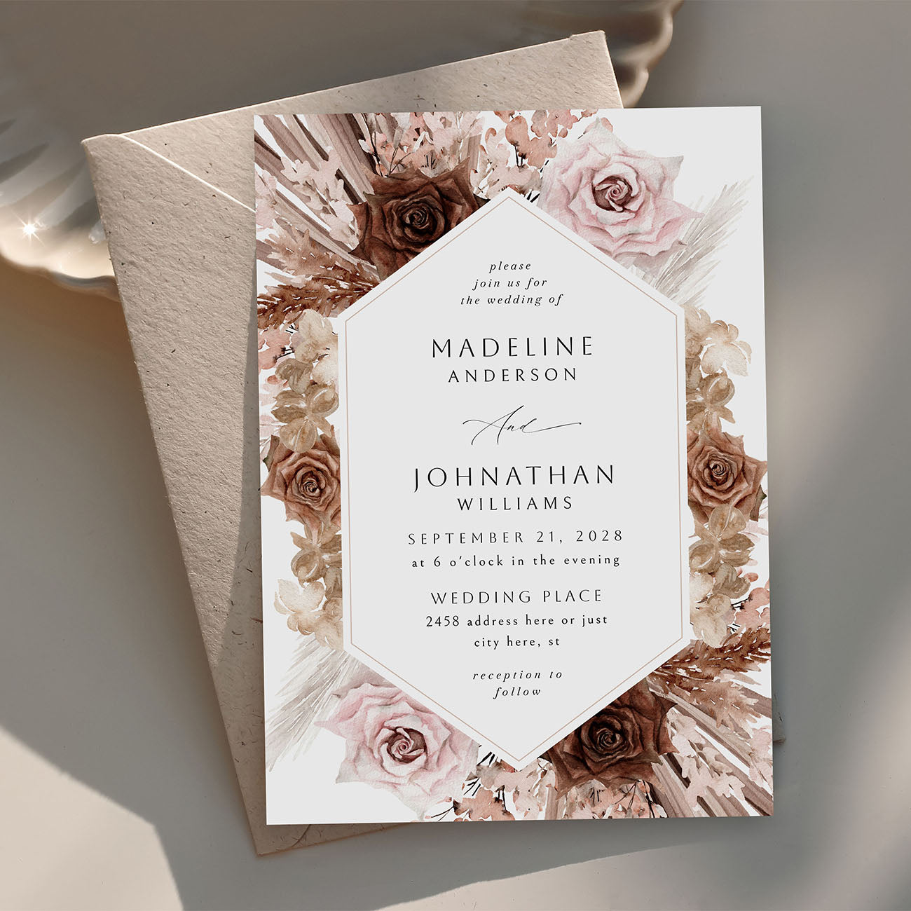 Naturals & Pink Boho Floral - Wedding Invitation
