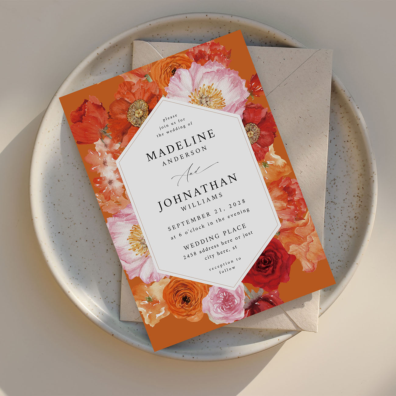 Orange Floral on Orange- Wedding Invitation