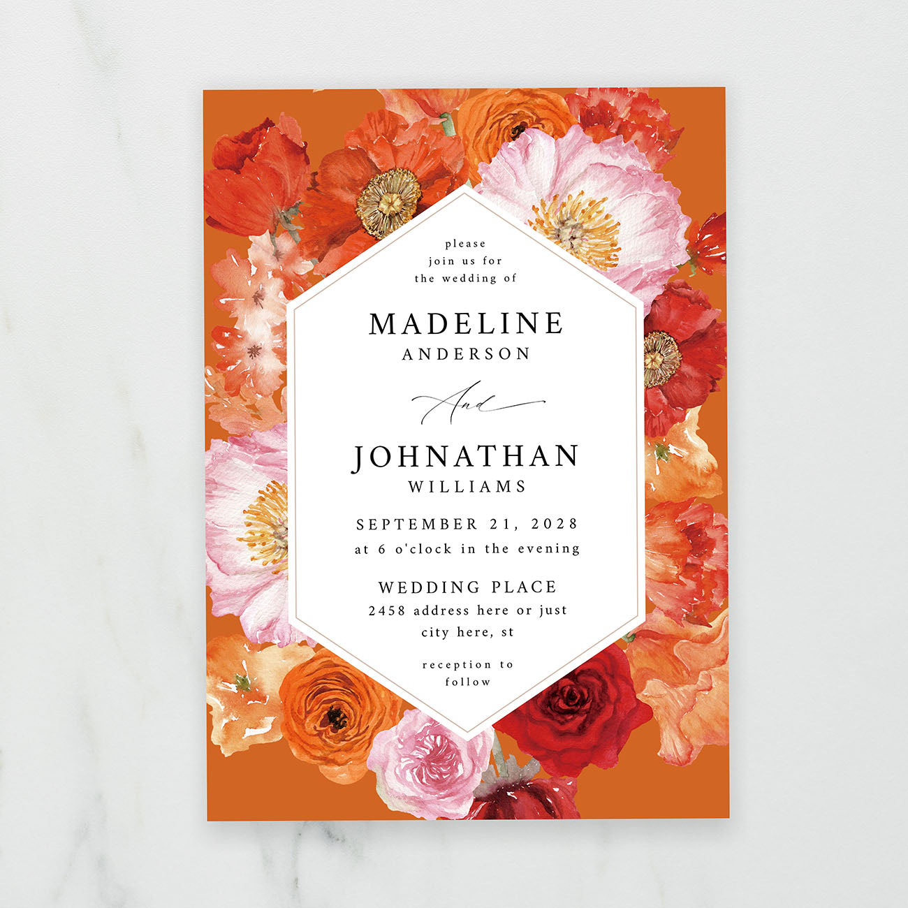 Orange Floral on Orange- Wedding Invitation