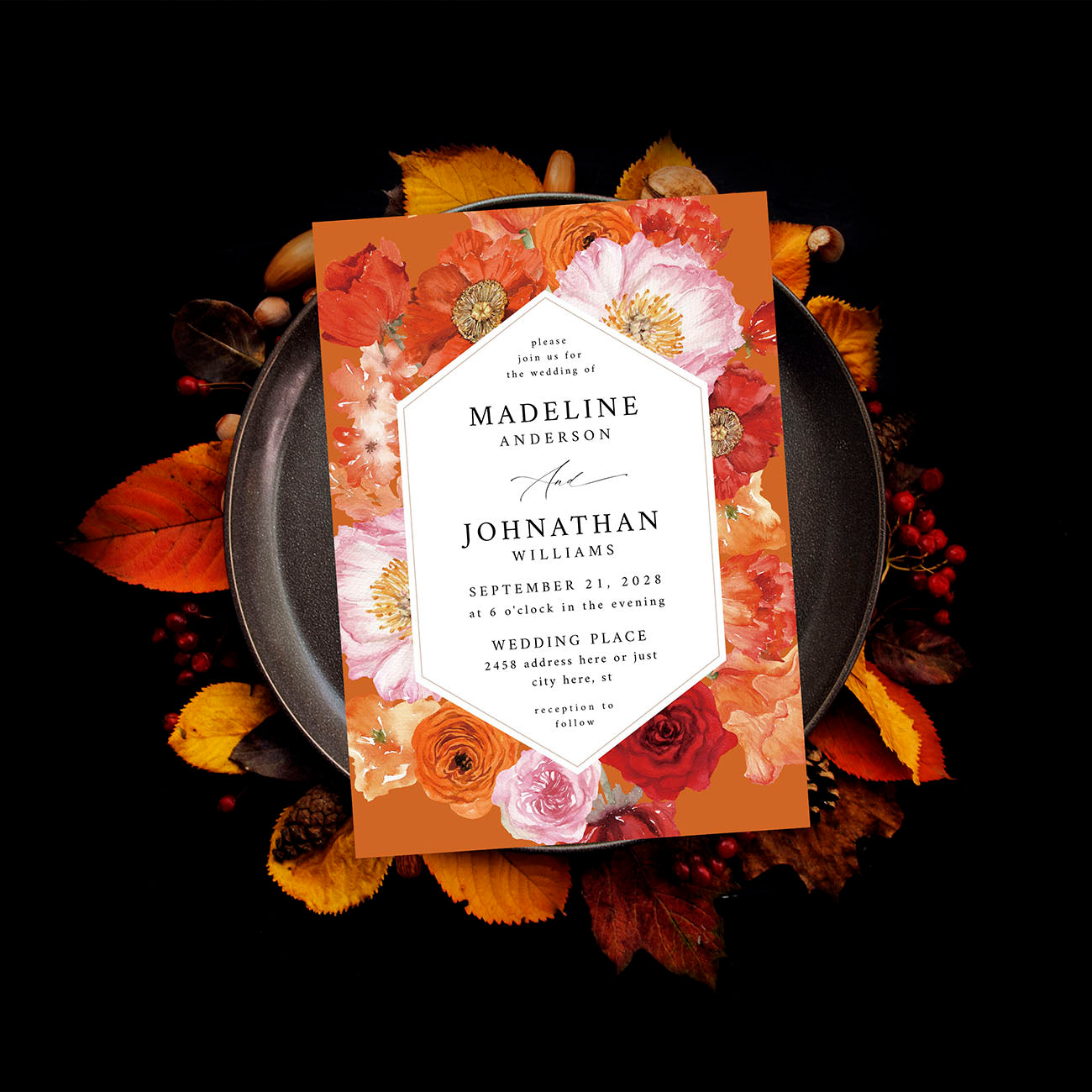 Orange Floral on Orange- Wedding Invitation