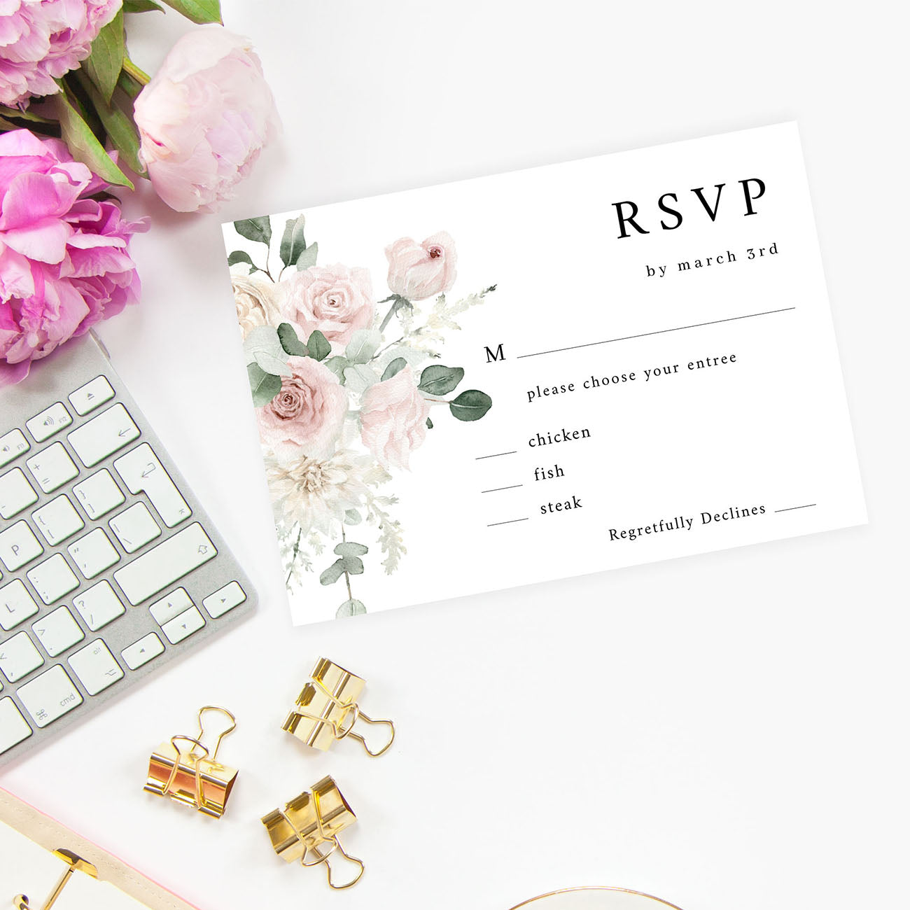 Blush & Light Pink Floral - RSVP with meal