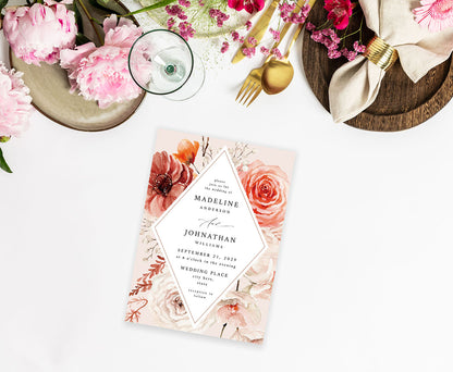 Boho Natural 2 Diamond Floral - Wedding Invitation