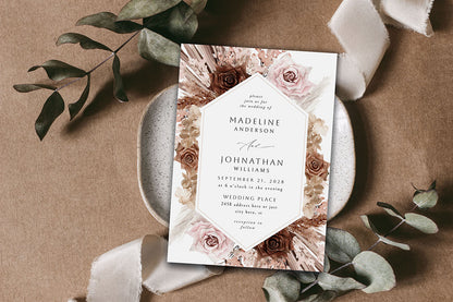 Naturals & Pink Boho Floral - Wedding Invitation