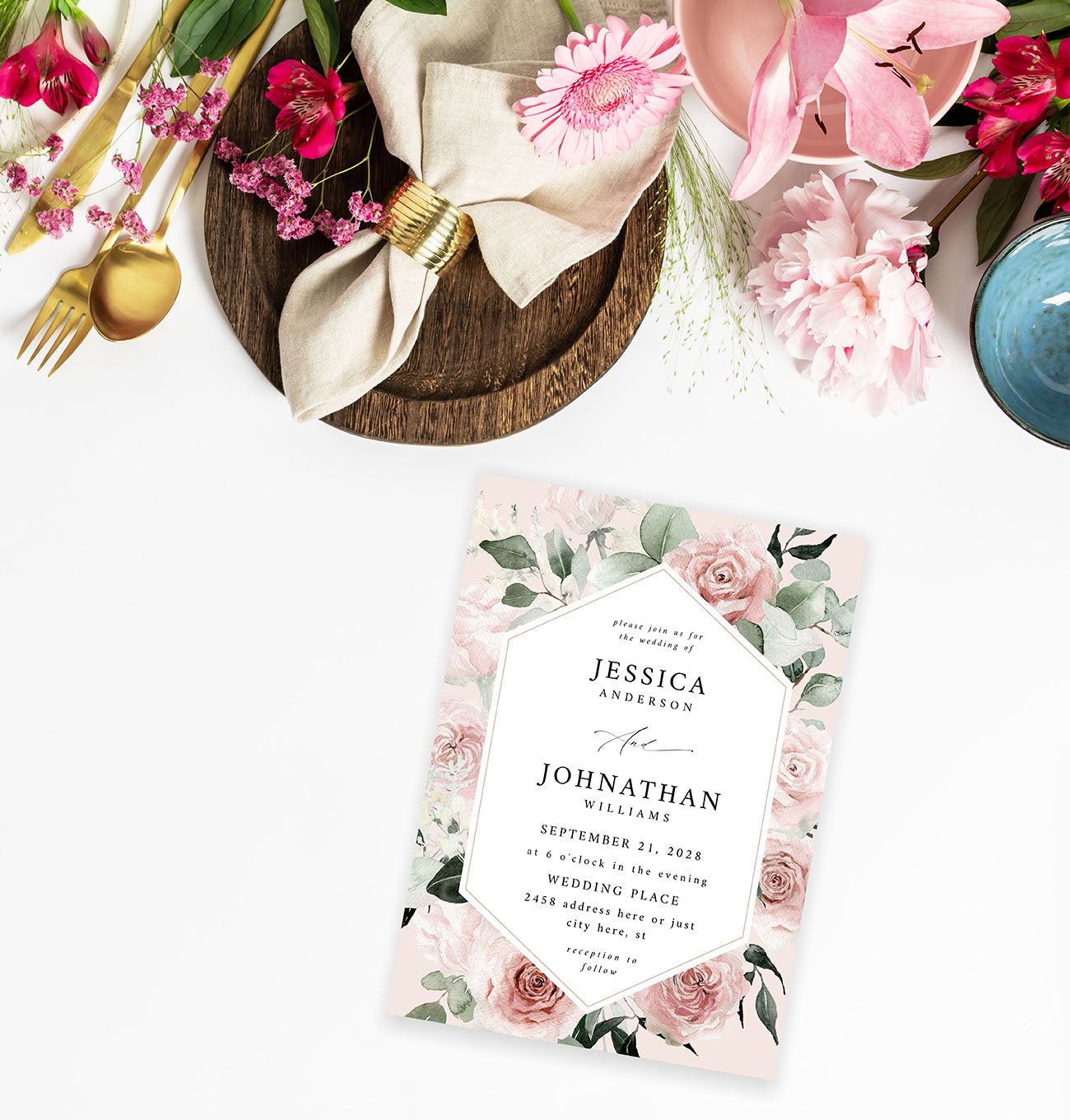 Blush & Light Pink Floral - Pink - Wedding Invitation
