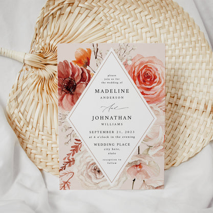 Boho Natural 2 Diamond Floral - Wedding Invitation