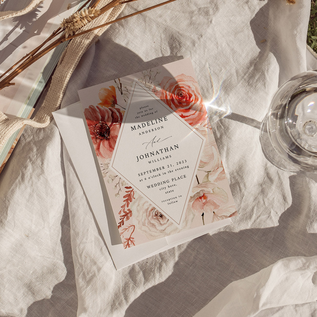 Boho Natural 2 Diamond Floral - Wedding Invitation