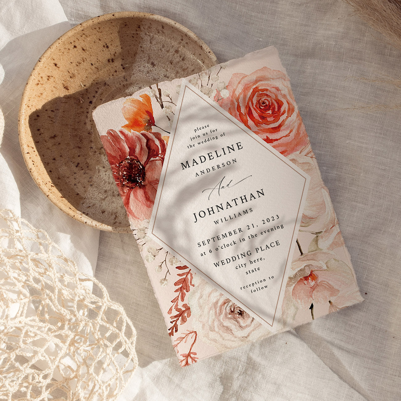 Boho Natural 2 Diamond Floral - Wedding Invitation