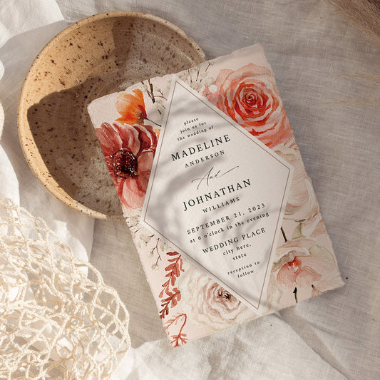 Boho Natural 2 Diamond Floral - Wedding Invitation