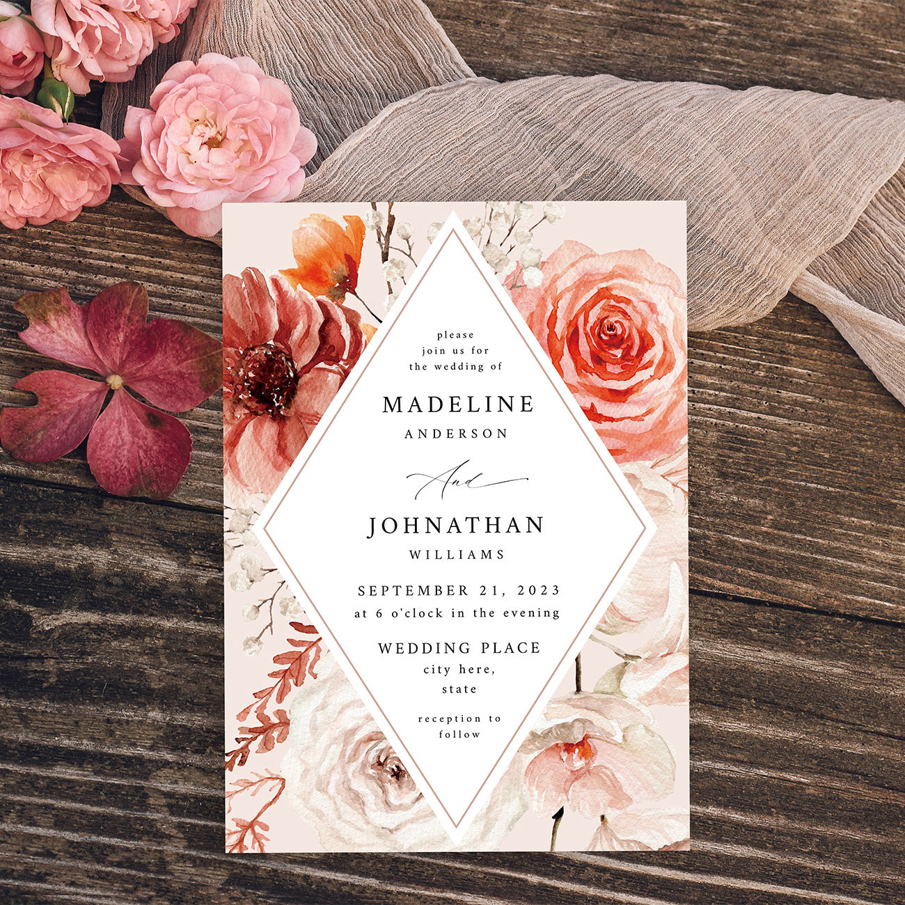 Boho Natural 2 Diamond Floral - Wedding Invitation