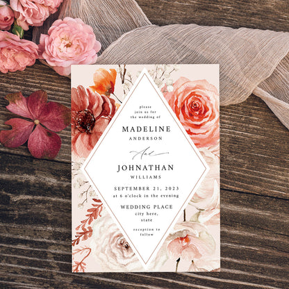 Boho Natural 2 Diamond Floral - Wedding Invitation
