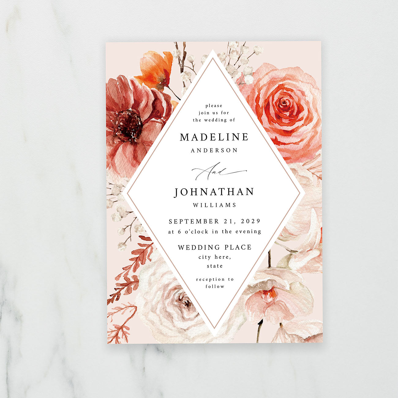 Boho Natural 2 Diamond Floral - Wedding Invitation