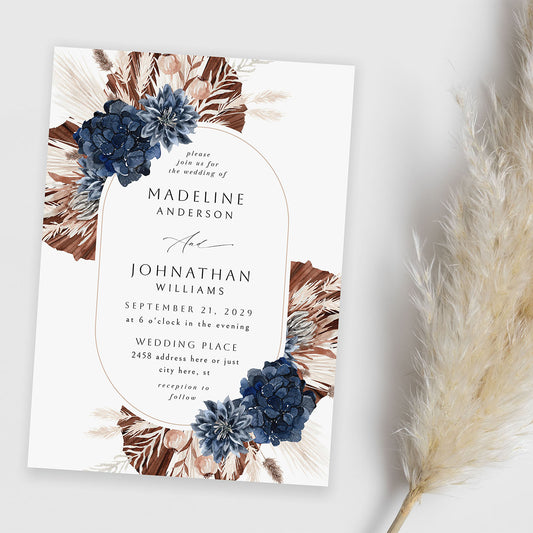 Boho Navy Blue Floral Oval - Wedding Invitation