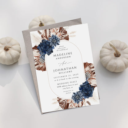 Boho Navy Blue Floral Oval - Wedding Invitation