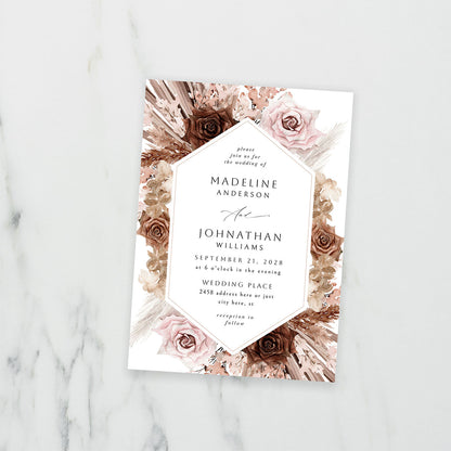 Naturals & Pink Boho Floral - Wedding Invitation