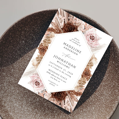 Naturals & Pink Boho Floral - Wedding Invitation