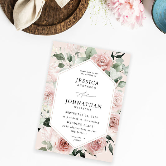 Blush & Light Pink Floral - Pink - Wedding Invitation