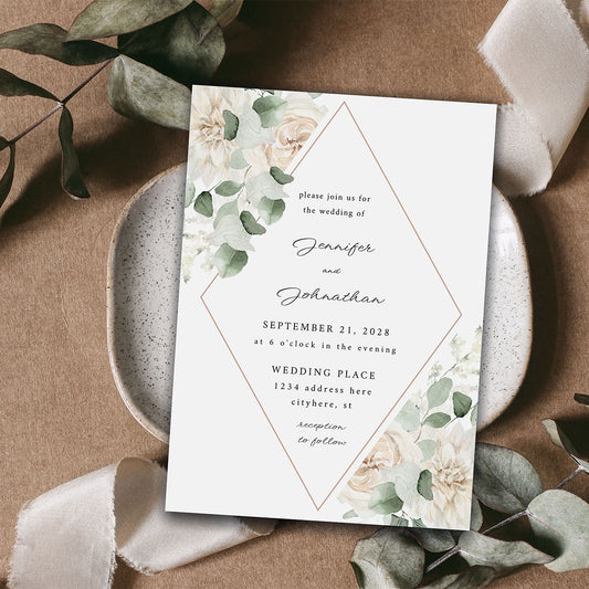 White Floral & Eucalyptus - Wedding Invitation