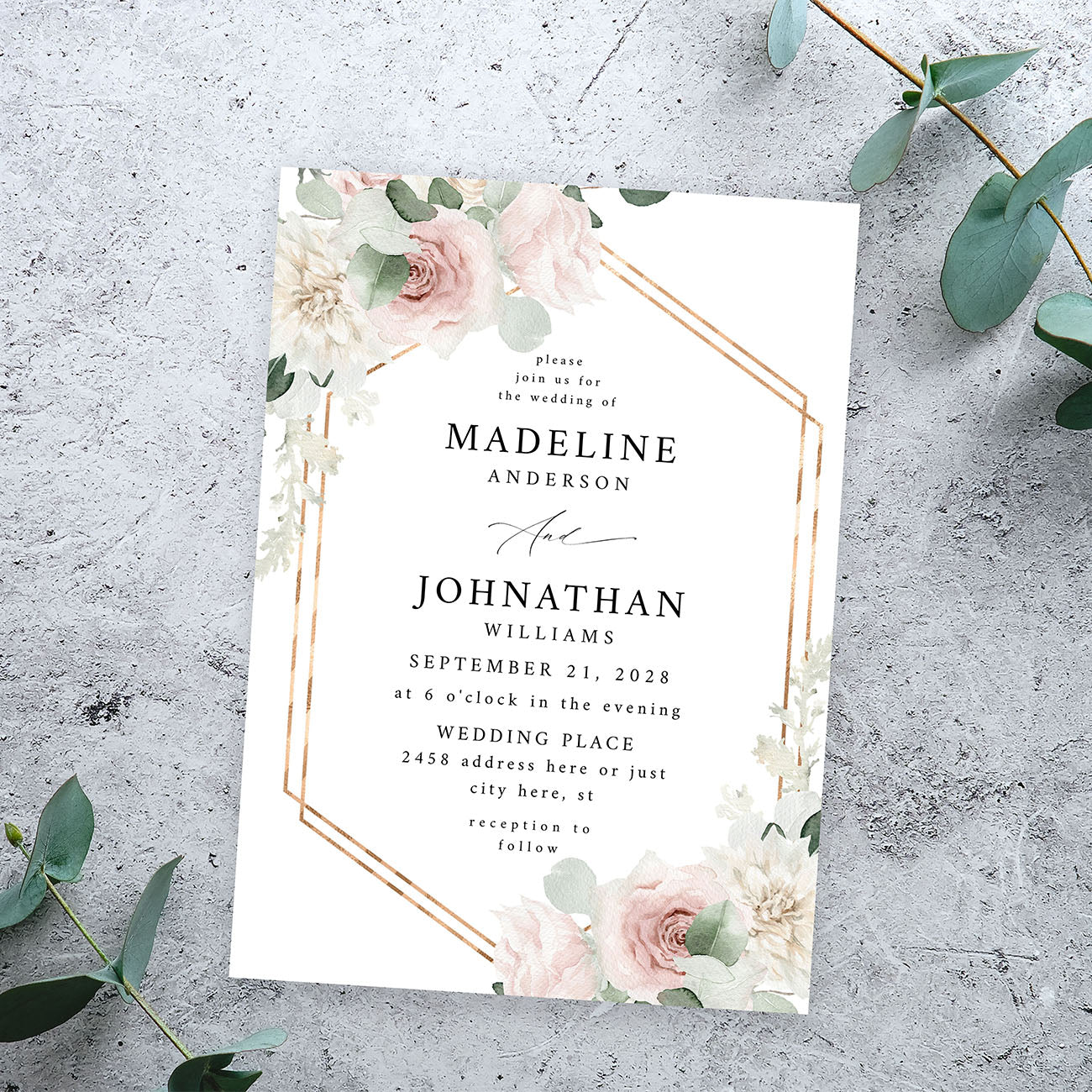 Blush & Light Pink Floral w Gold Frame - Wedding Invitation