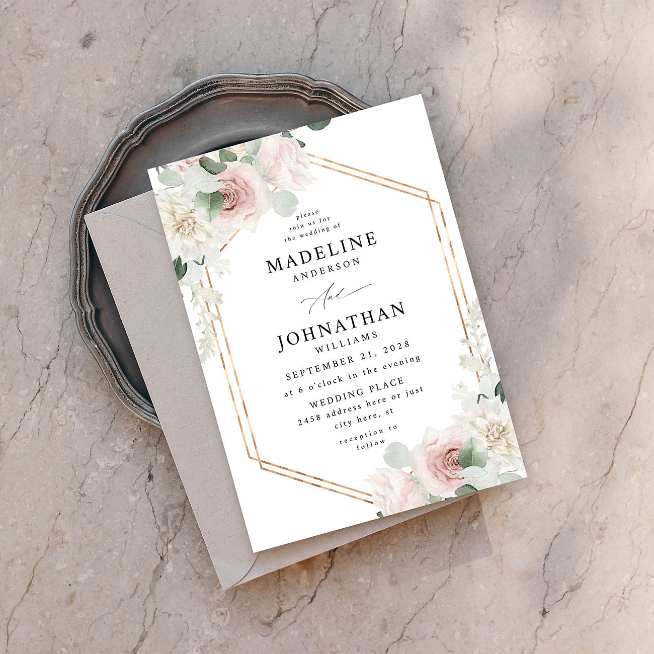 Blush & Light Pink Floral w Gold Frame - Wedding Invitation