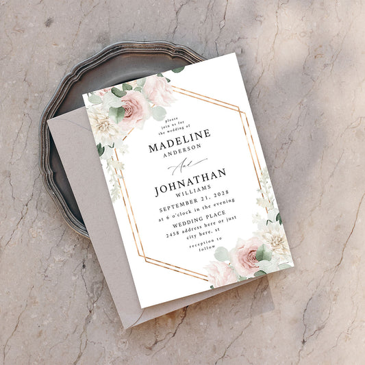 Blush & Light Pink Floral w Gold Frame - Wedding Invitation