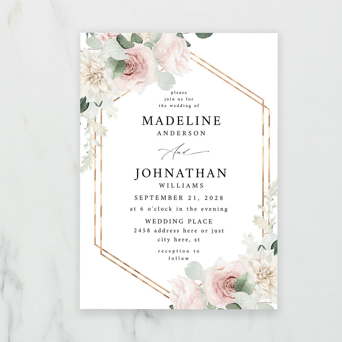 Blush & Light Pink Floral w Gold Frame - Wedding Invitation