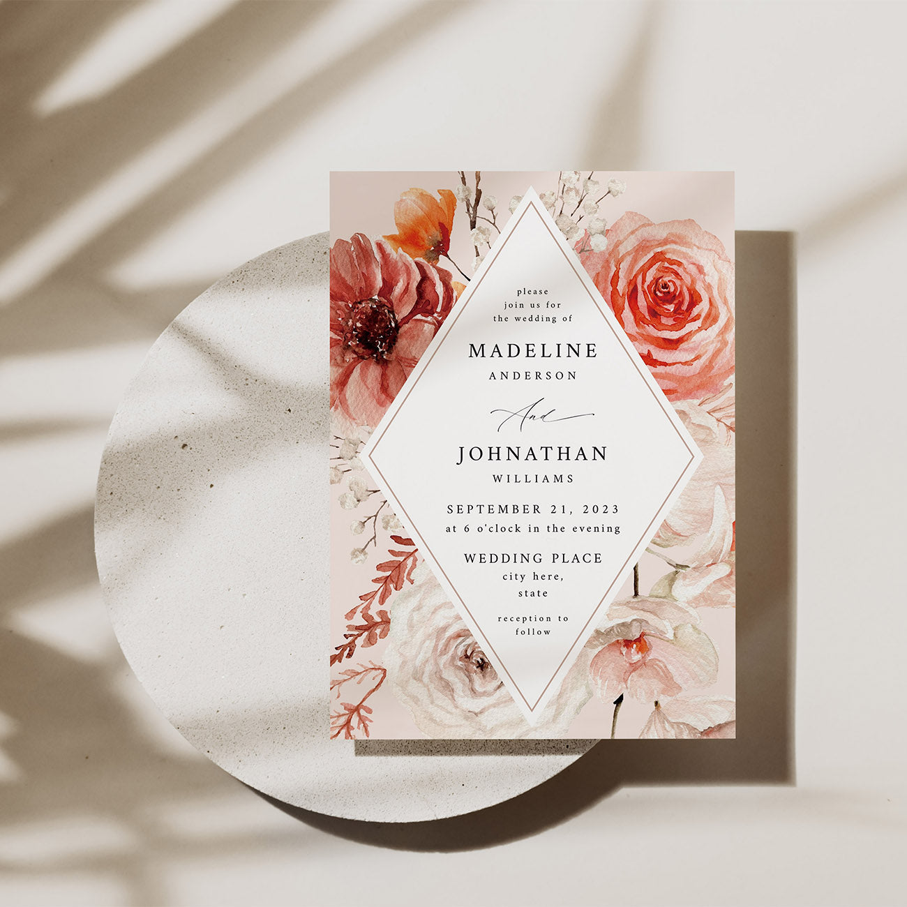 Boho Natural 2 Diamond Floral - Wedding Invitation