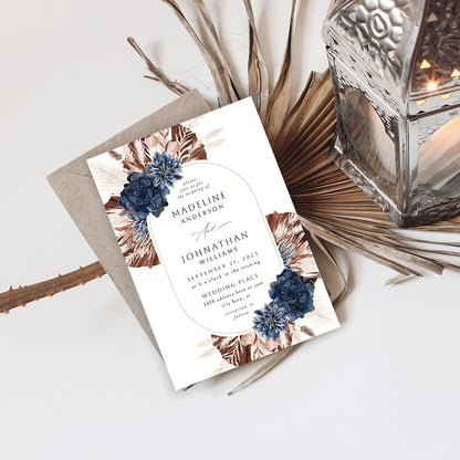 Boho Navy Blue Floral Oval - Wedding Invitation