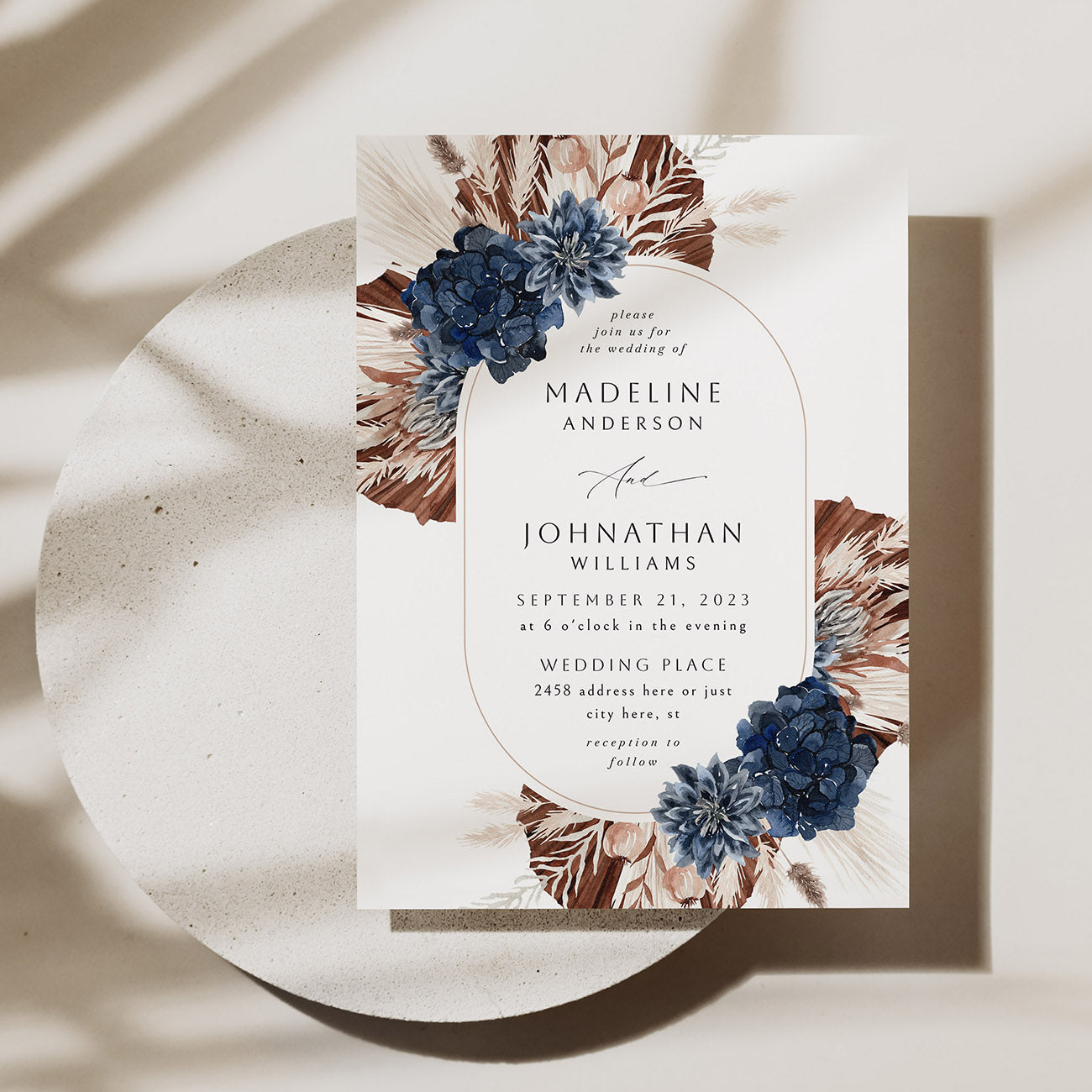 Boho Navy Blue Floral Oval - Wedding Invitation