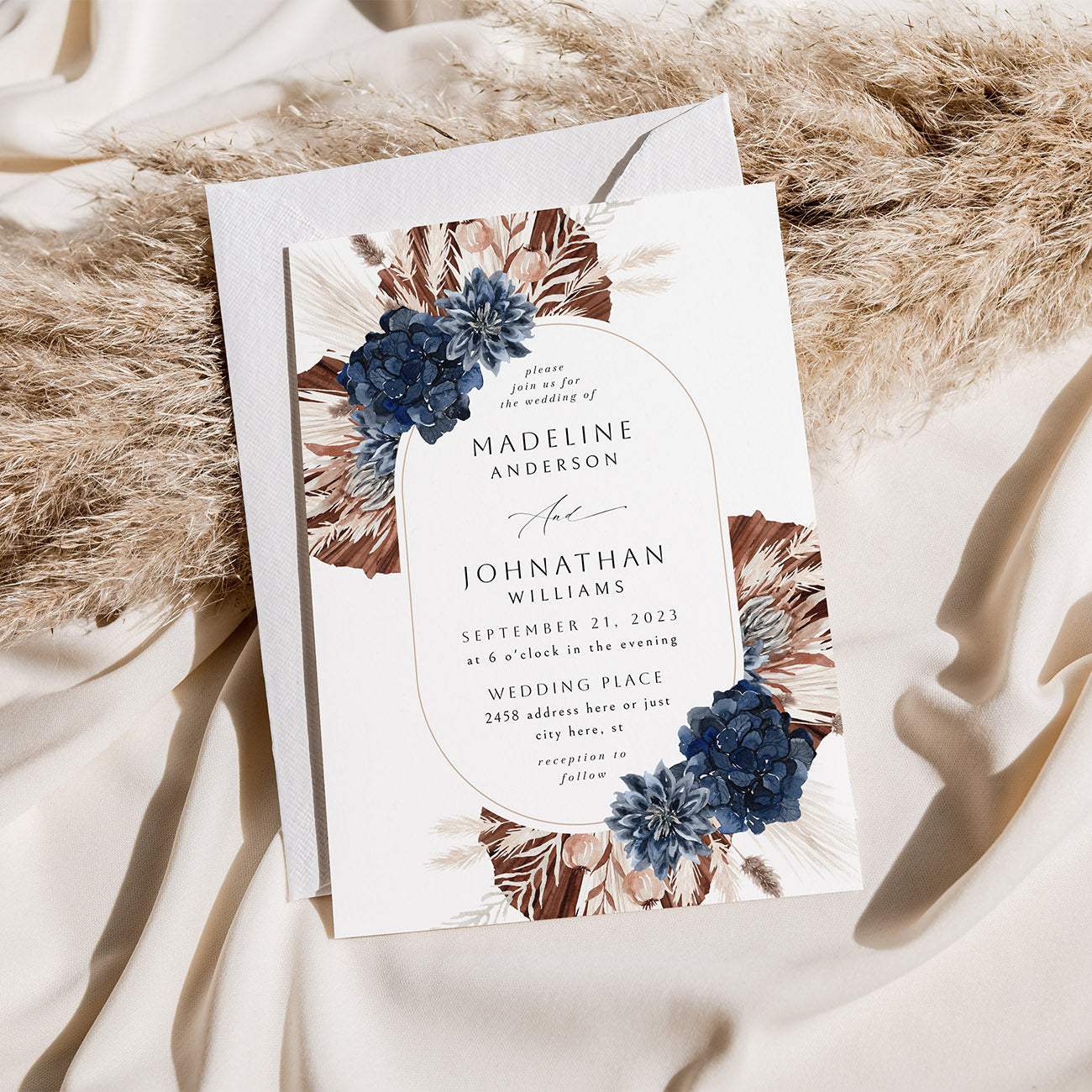 Boho Navy Blue Floral Oval - Wedding Invitation