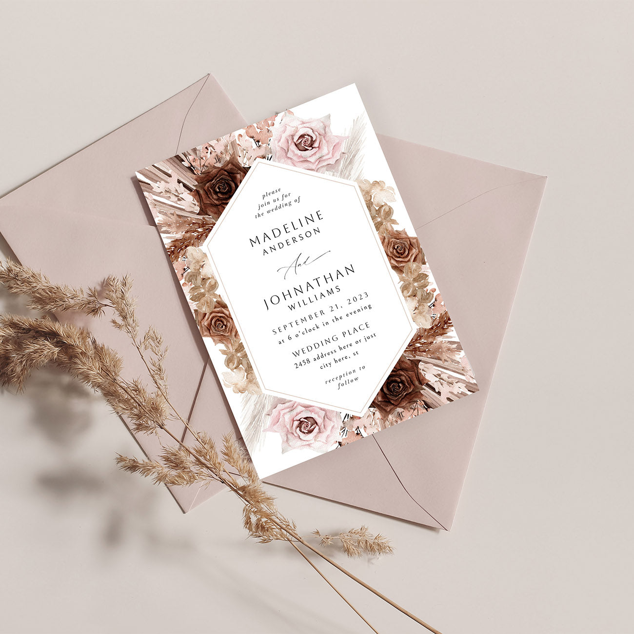 Naturals & Pink Boho Floral - Wedding Invitation