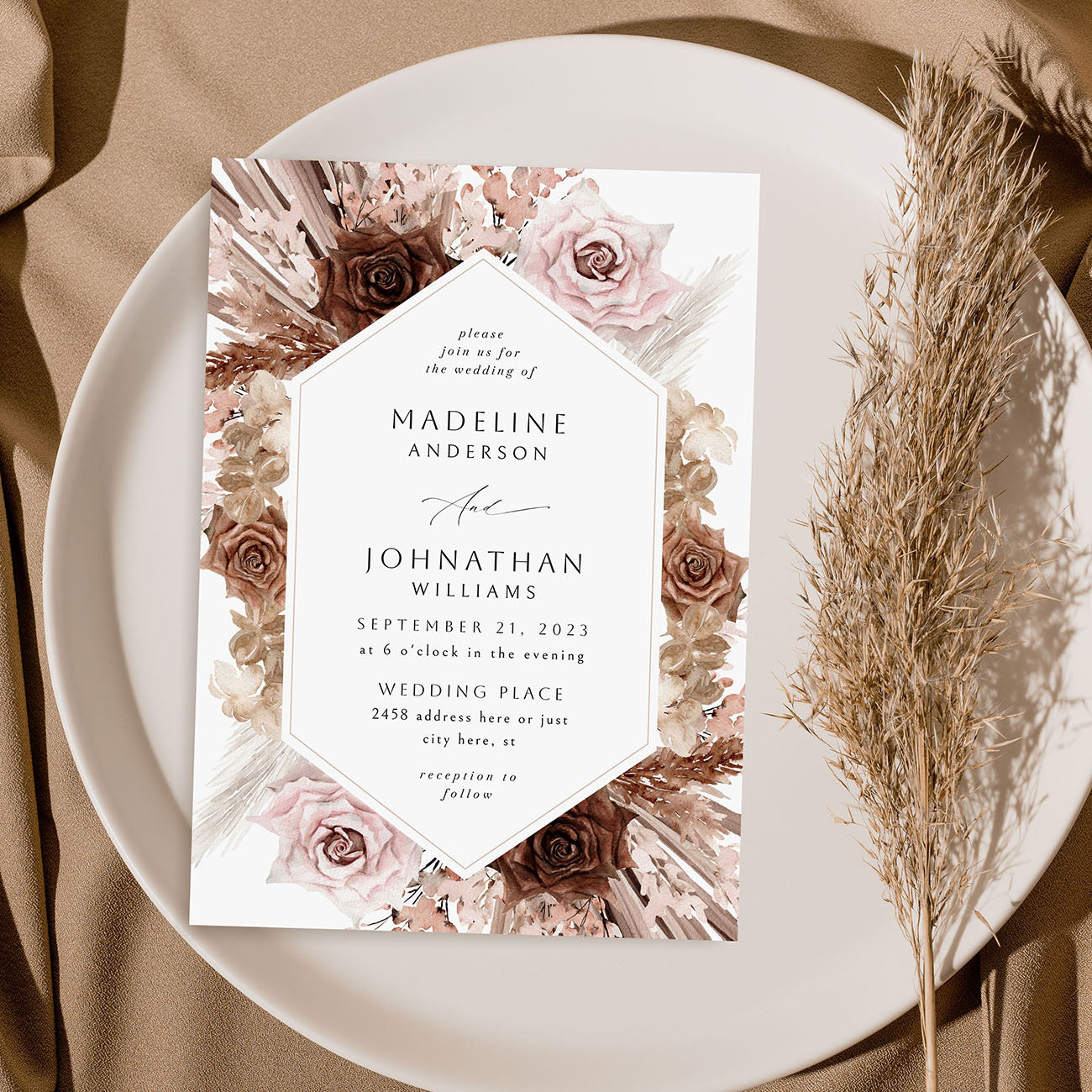 Naturals & Pink Boho Floral - Wedding Invitation