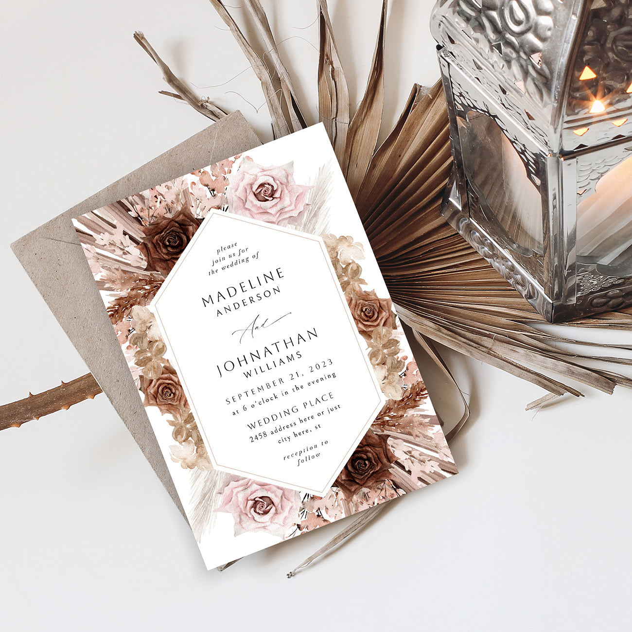 Naturals & Pink Boho Floral - Wedding Invitation