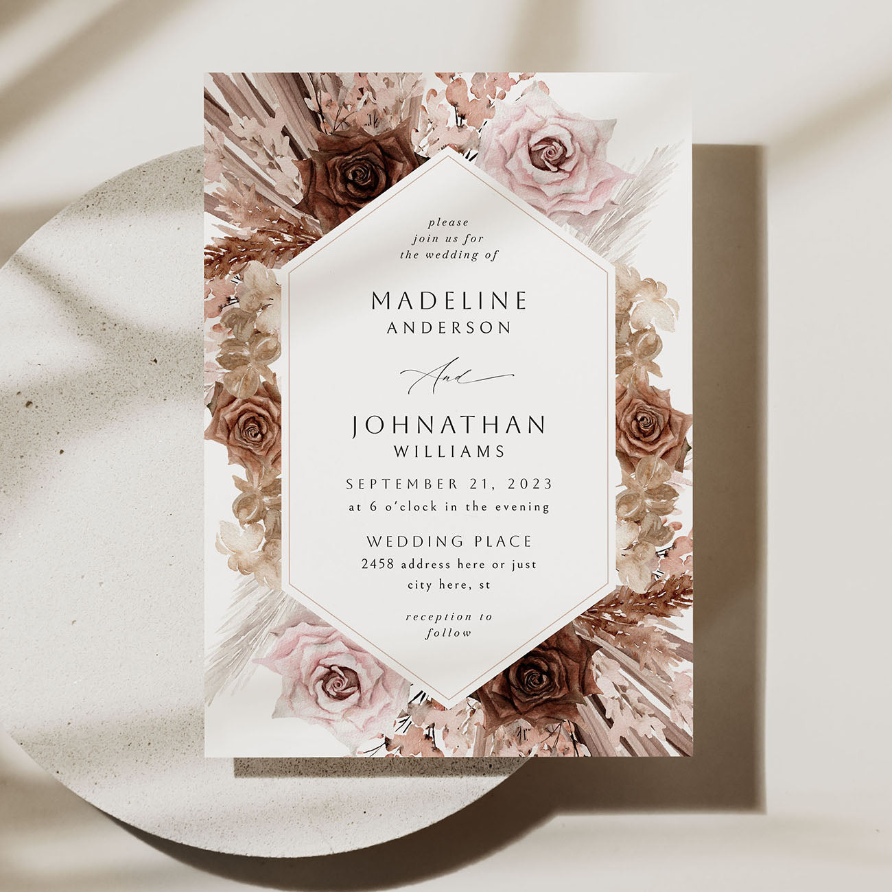 Naturals & Pink Boho Floral - Wedding Invitation