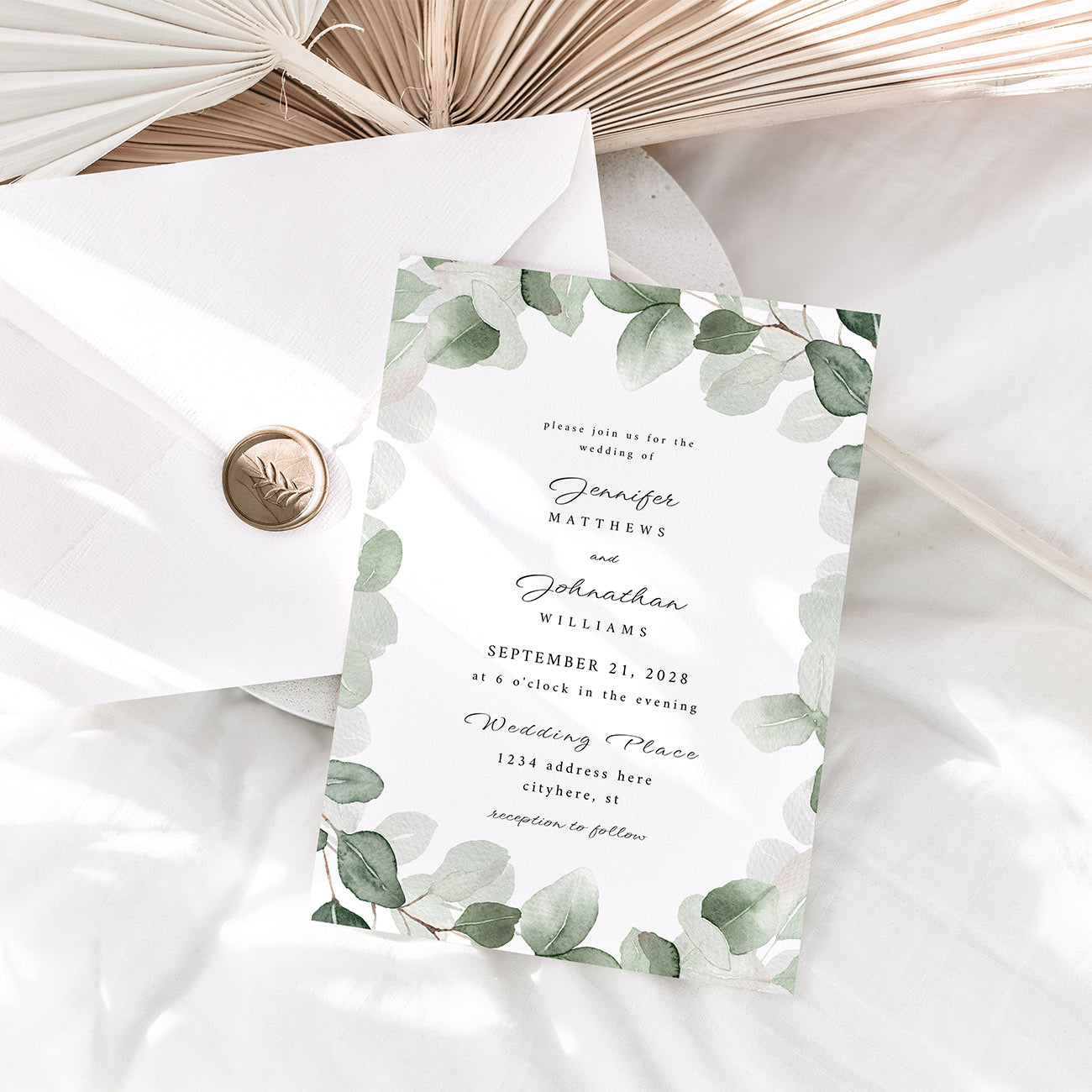 Eucalyptus White Bkg - Wedding Invitation