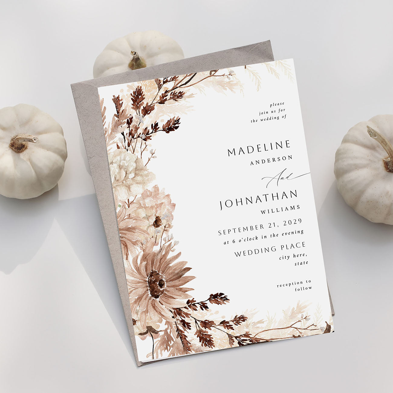 Beige Floral Wedding Invitation