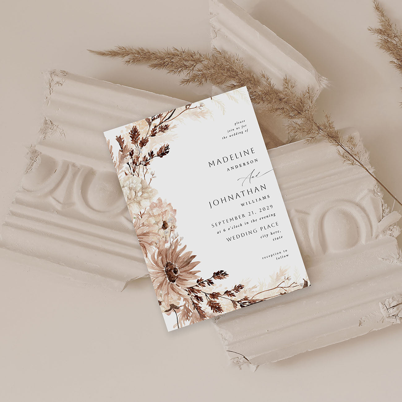 Beige Floral Wedding Invitation