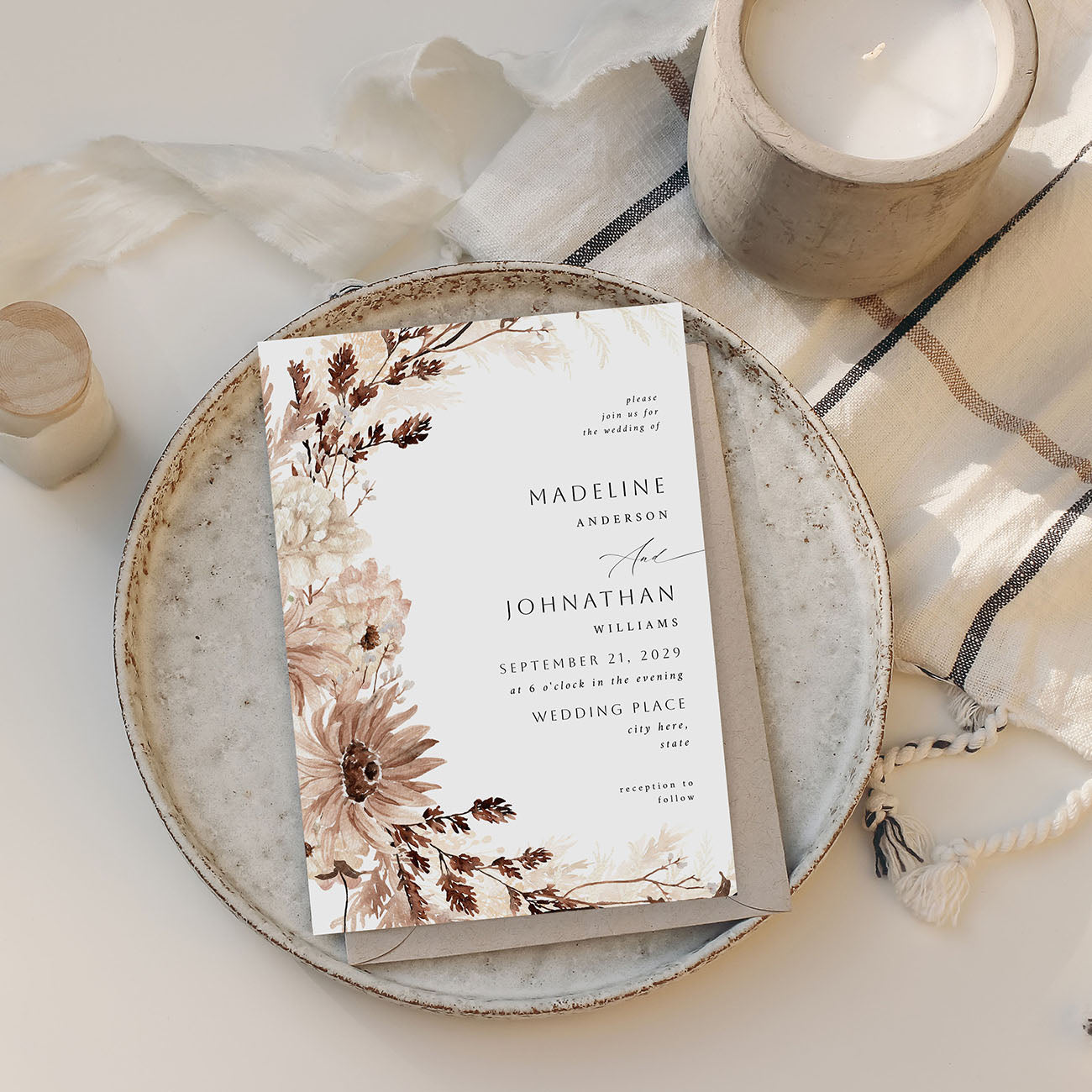 Beige Floral Wedding Invitation