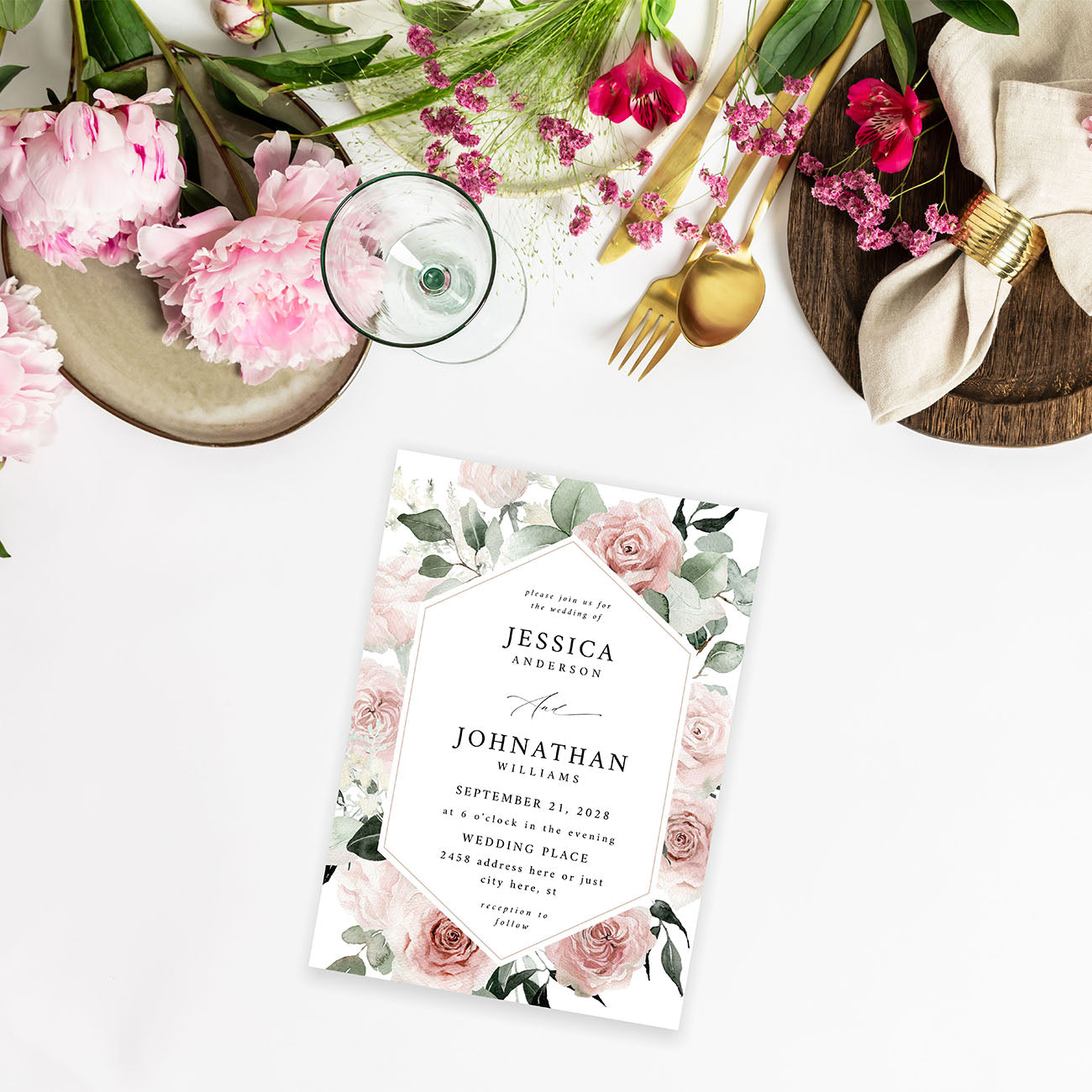 Blush & Light Pink Floral - Wedding Invitation