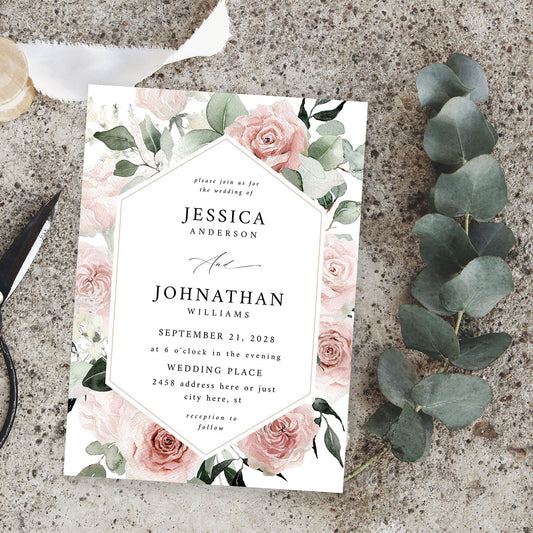 Blush & Light Pink Floral - Wedding Invitation